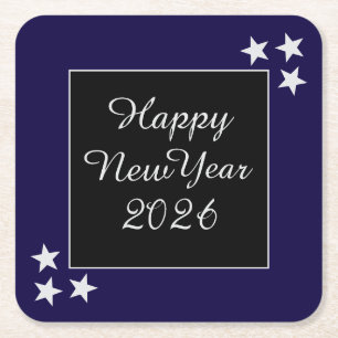 Happy New Year 2026 Silver Stars Black and Blue Square Paper Coaster