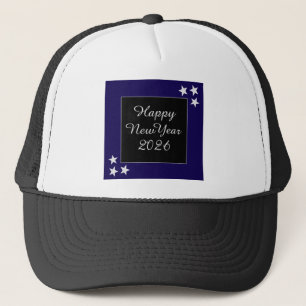 Happy New Year 2026 Silver Stars Black and Blue Trucker Hat