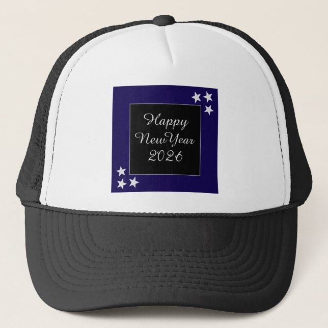 Happy New Year 2026 Silver Stars Black and Blue Trucker Hat (Front)
