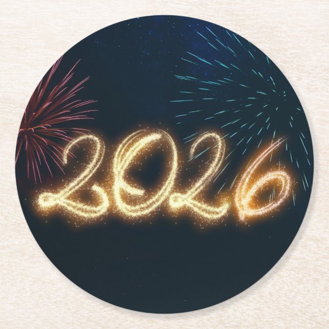 Happy New Year 2026 Sparkling Fireworks Round Paper Coaster (Front)