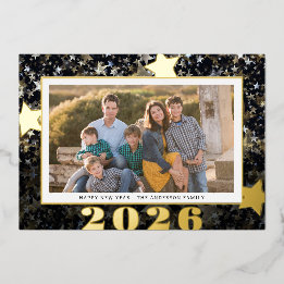 Happy New Year 2026 Star Confetti Photo Foil Holiday Card