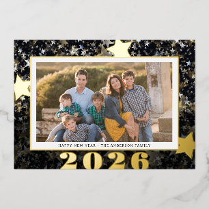 Happy New Year 2026 Star Confetti Photo Foil Holiday Card
