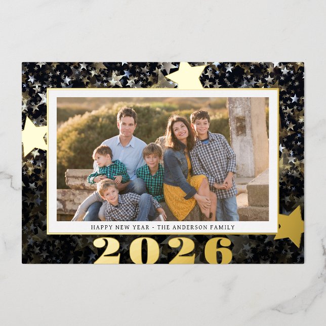 Happy New Year 2026 Star Confetti Photo Foil Holiday Card (Front)