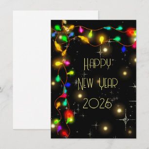 Happy new year 2026, stars and lighting garlands holiday card