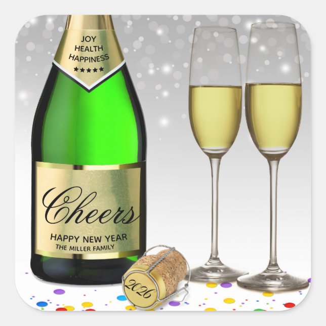 Happy New Year 2026 Wine Sparkling Bottle Square Sticker (Front)