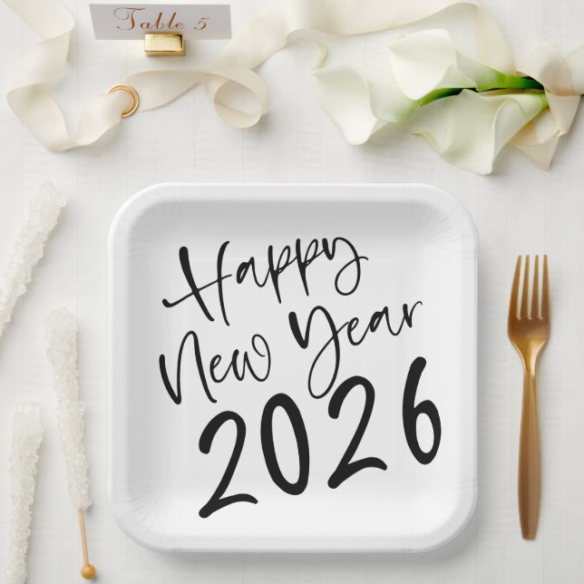 Happy New Year 2027 Black Script  Paper Plate (Wedding)