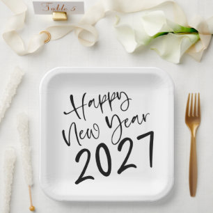 Happy New Year 2027 Black Script Paper Plate