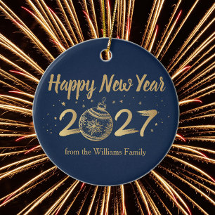 Happy New Year 2027 Chic Navy Blue Gold Custom Ceramic Ornament