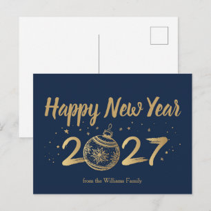 Happy New Year 2027 Chic Navy Blue Gold Custom Holiday Postcard