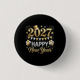 Happy new Year 2027 Fireworks Gold Balloon Eve 3 Cm Round Badge