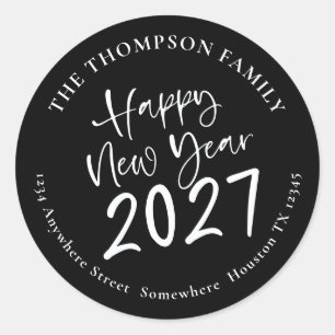 Happy New Year 2027 Script Return Address Black Classic Round Sticker