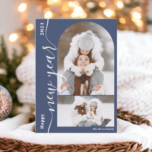 Happy New Year 3 photo arch modern script  blue Holiday Card