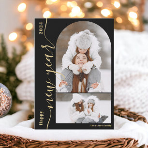 Happy New Year 3 photo arch modern script gold Holiday Card