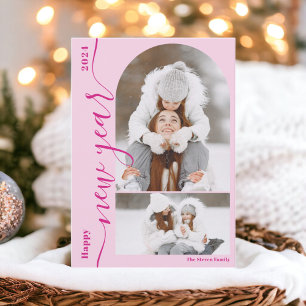 Happy New Year 3 photo arch modern script hot pink Holiday Card