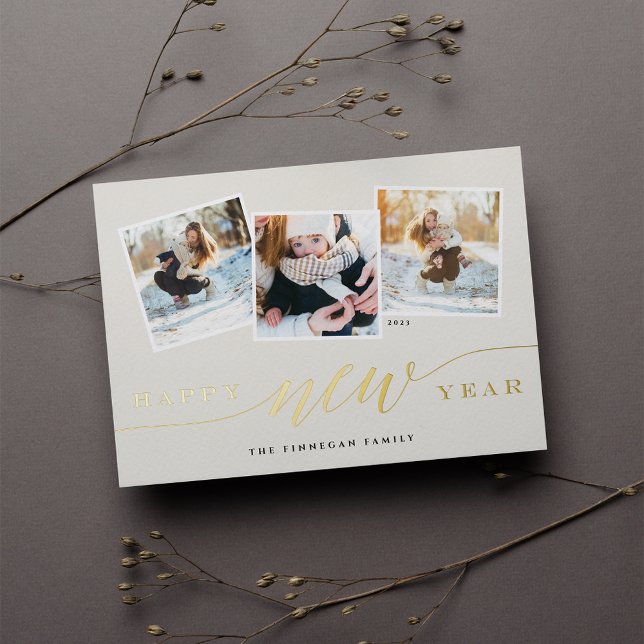 Happy New Year 3 Photo Collage Foil Holiday Card (Creator Uploaded)