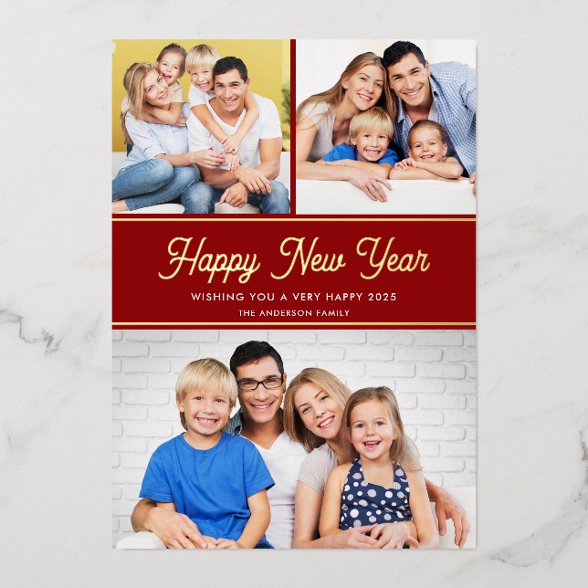 Happy New Year 3 Photos Red Gold Foil Holiday Card (Front)