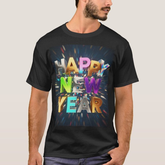 Happy New Year 3D Metallic Text – Festive Celebrat T-Shirt (Front)