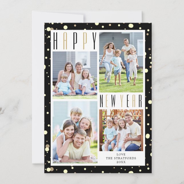HAPPY NEW YEAR 4 Photo Collage Black Gold Confetti Holiday Card (Front)