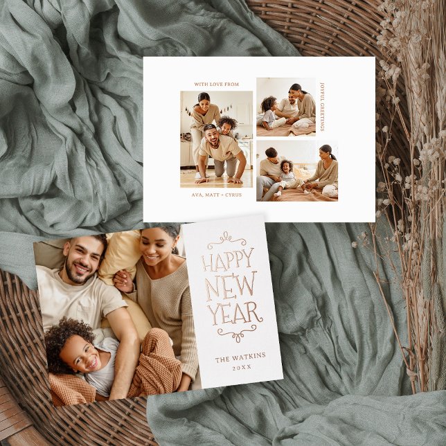 Happy New Year 4 Photo Foil Holiday Card (Creator Uploaded)