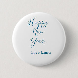 Happy new year add name love blue simple minimal h 6 cm round badge