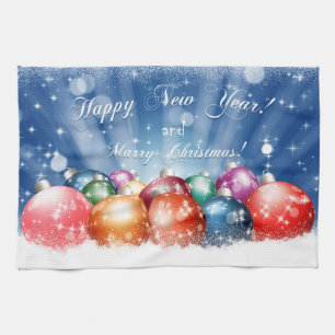 Happy New Year and Merry Christmas baubles Tea Towel