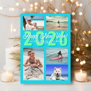 Happy New Year Aqua Multi-photo Holiday Card
