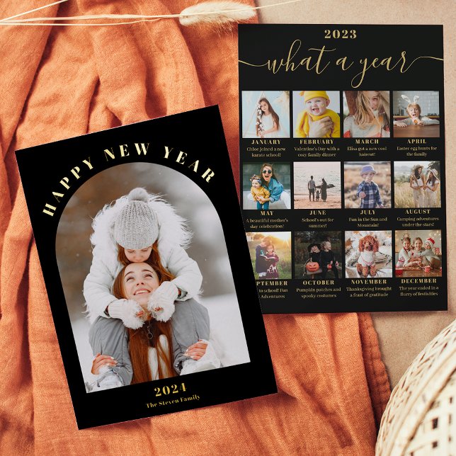 Happy New Year arch year in review 13 photos black Foil Holiday Card (Happy New Year arch year in review 13 photos black Foil Holiday Card)