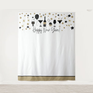 Happy New Year Backdrop Photos Gold Black White Tapestry