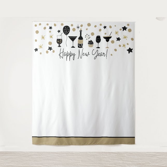 Happy New Year Backdrop Photos Gold Black White Tapestry (Front)