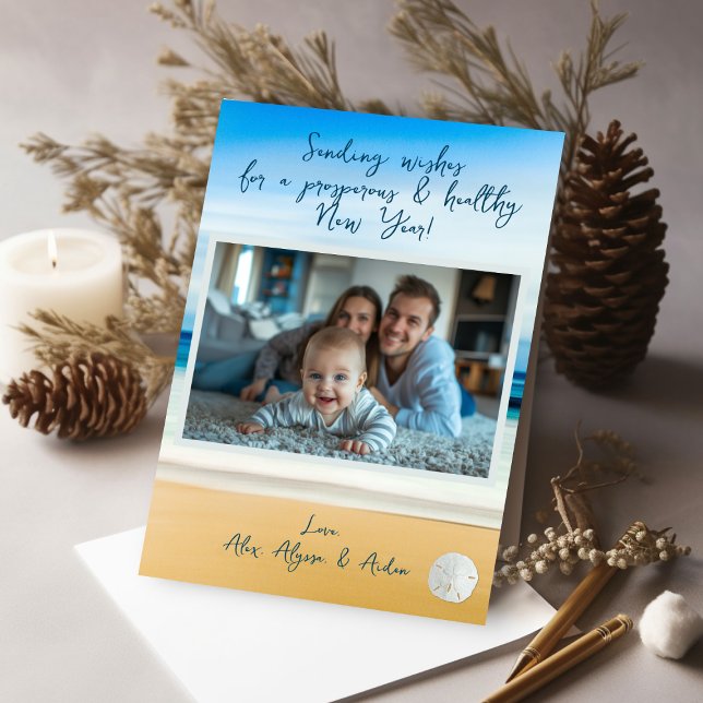 Happy New Year Beaches One Photo Flat Holiday Card (Creator Uploaded)