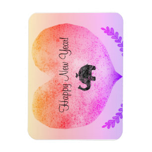 Happy New Year Big Heart & Elephant Doodle Magnet