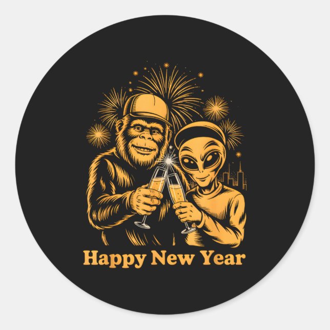 Happy New Year Bigfoot And Alien Sasquatch Firewor Classic Round Sticker (Front)