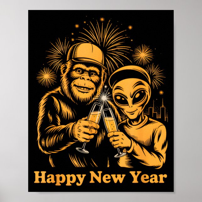 Happy New Year Bigfoot And Alien Sasquatch Firewor Poster (Front)