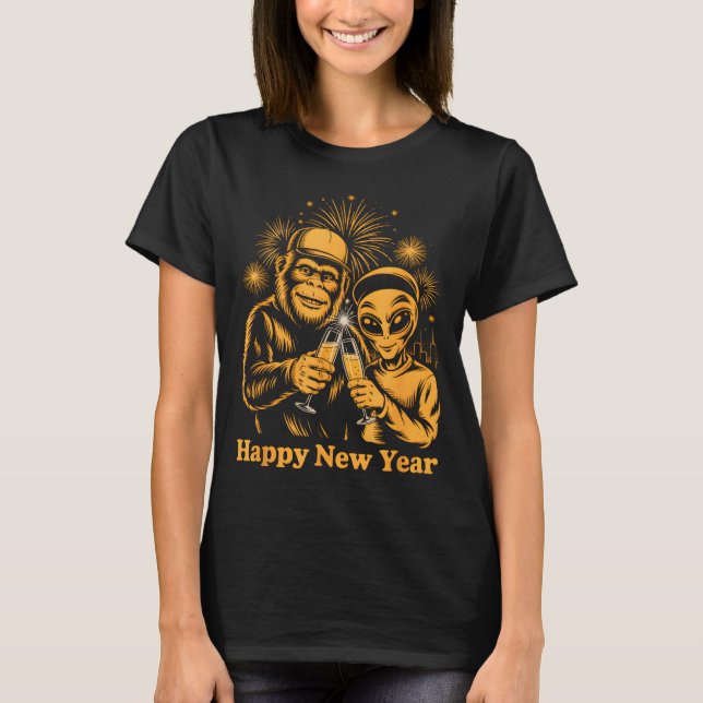 Happy New Year Bigfoot And Alien Sasquatch Firewor T-Shirt (Front)