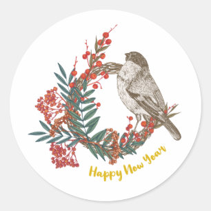 Happy New Year Bird Wreath Classic Round Sticker