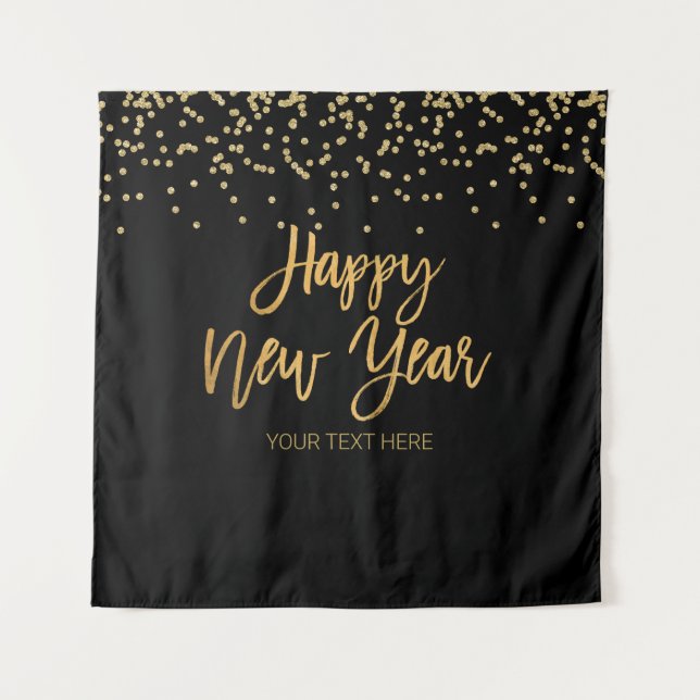 Happy New Year black and gold Backdrop banner Tapestry (Front)