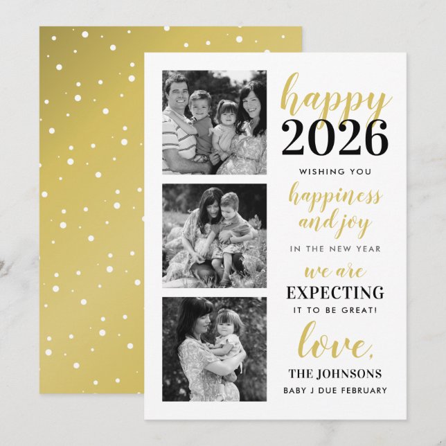 Happy New Year Black and Gold Expecting in 2024 Holiday Card (Front/Back)