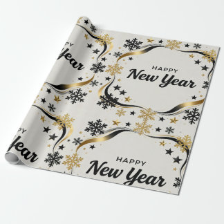 Happy New Year Black and Gold Snowflake  Wrapping Paper