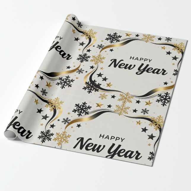 Happy New Year Black and Gold Snowflake  Wrapping Paper (Unrolled)
