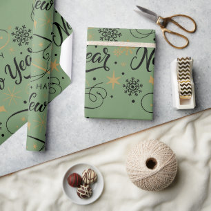 Happy New Year Black and Gold Snowflake Wrapping Paper