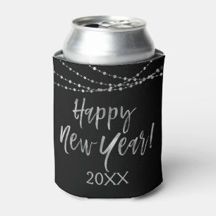 Happy New Year Black and Silver Foil String Lights Can Cooler