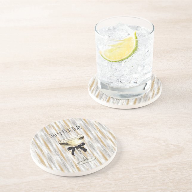 Happy New Year Black Bow Gold Silver Champagne Coaster (Side)