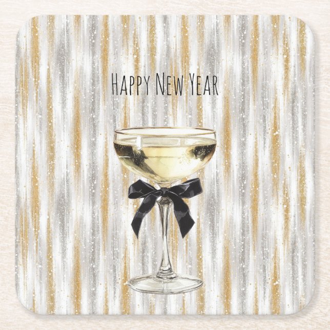 Happy New Year Black Bow Gold Silver Champagne Square Paper Coaster (Front)