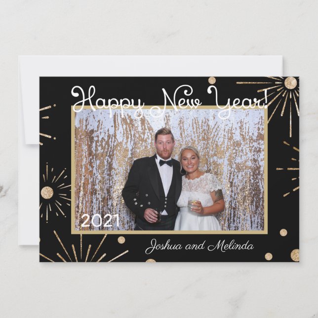 Happy New Year Black Gold Add Your Own Photo Holiday Card (Front)