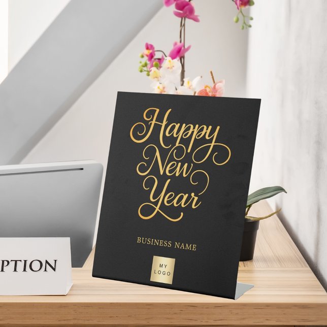 Happy New Year black gold business logo Pedestal Sign (Creator Uploaded)
