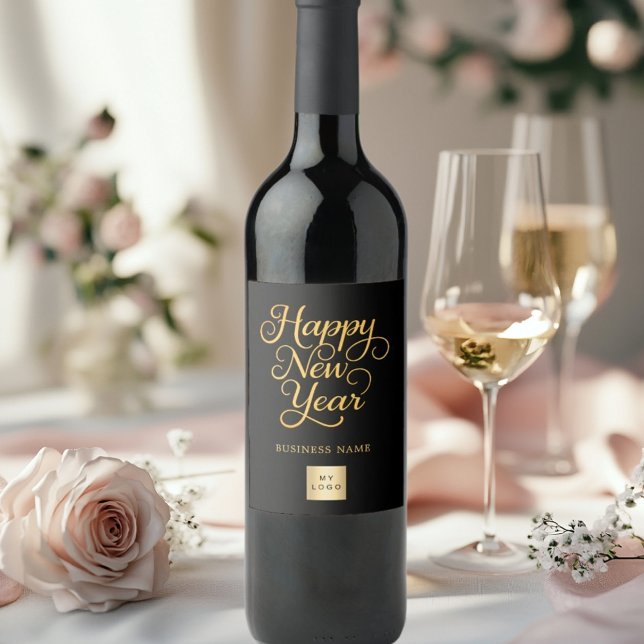 Happy New Year black gold business logo Wine Label (Creator Uploaded)
