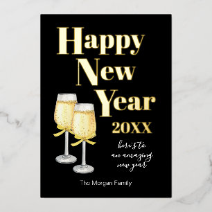 Happy New Year Black Gold Champagne Elegant Foil Holiday Card