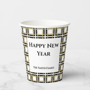 Happy New Year Black Gold Checkered BoxesPaper cup