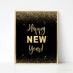 Happy New Year Black & Gold Glitter Party Sign