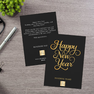 Happy New Year black gold script business logo Holiday Card